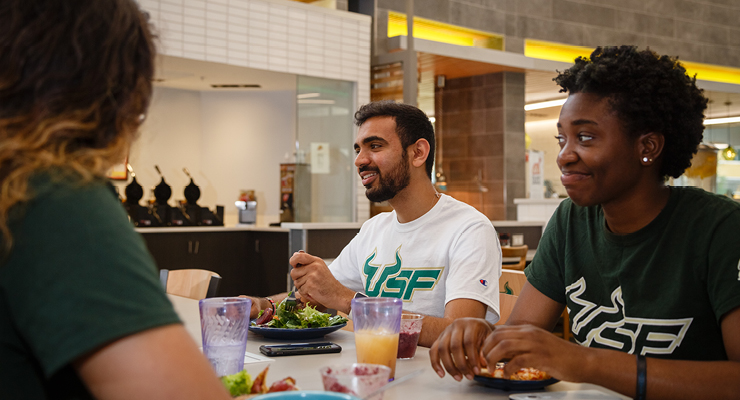 USF students eating and discussing what was on their college priority list when choosing between college options.