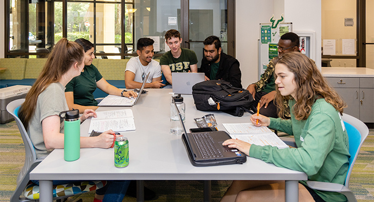 A group of honor students studying together in a library.