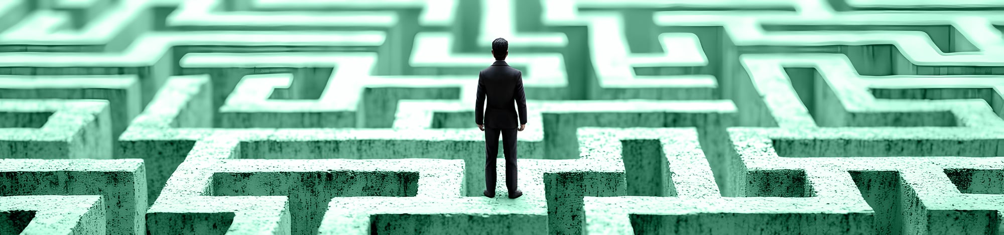 A man standing on top of a green maze, contemplating his next move.
