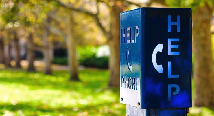 College campus safety telephone box on a college campus.