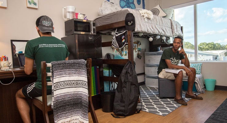 Two USF roommates hang out in their shared residence hall room.