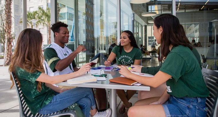 USF students studying together at table outside