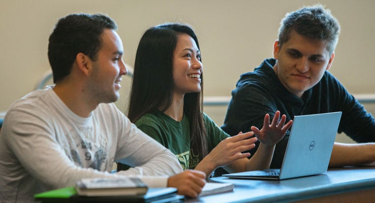 USF students in a small class discuss the lesson with each other.