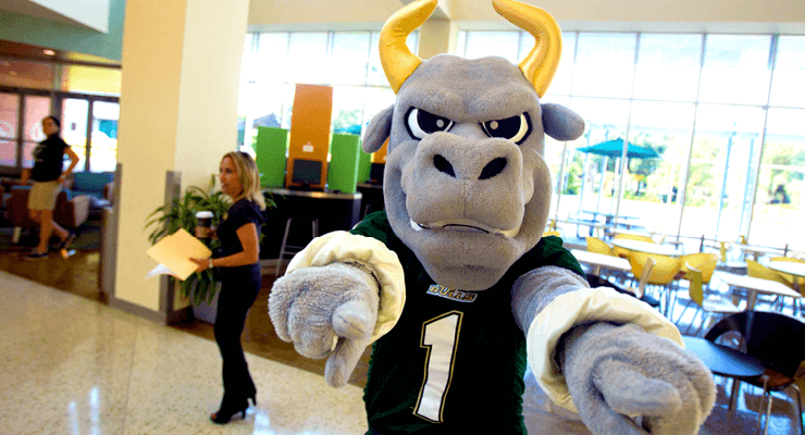 USF's Rocky pointing his fingers to remind students to finish their college applications 