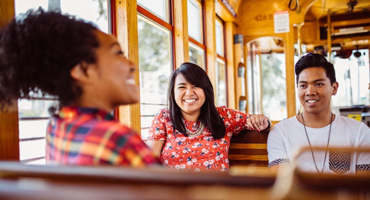 USF students take a ride on a trolley in downtown Tampa.