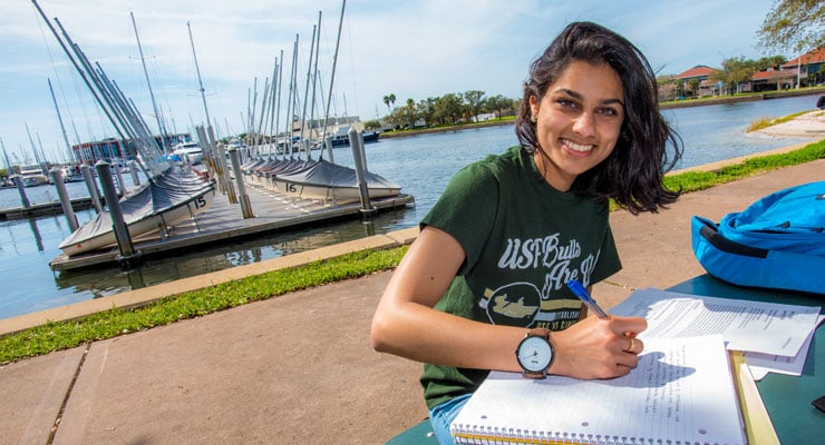 USF St. Petersburg student studying by the harbor