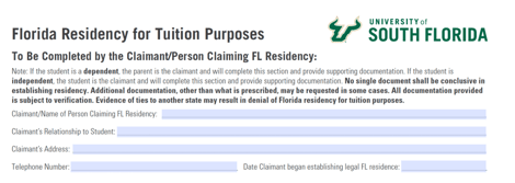 USF Residency for Tuition Purposes form.