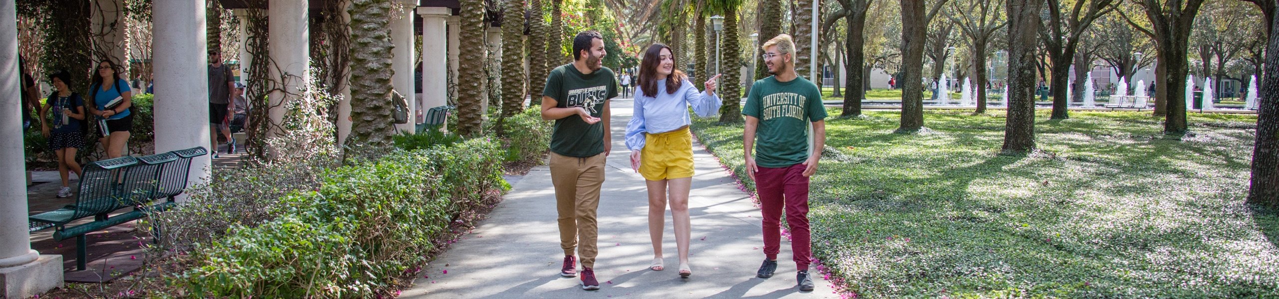 Three USF students walking together on campus.