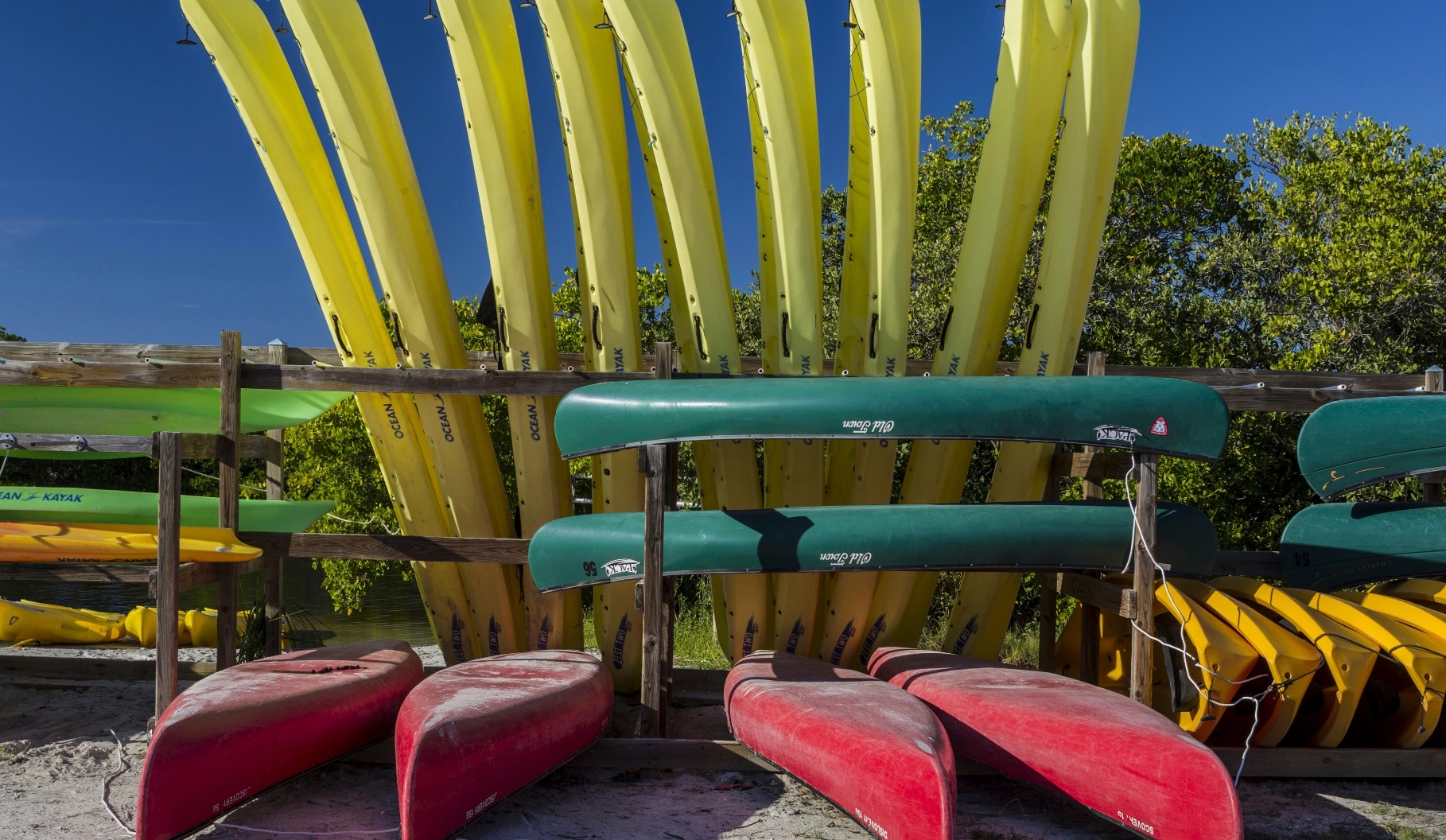 Kayaks and canoes available for rent at Fort Desoto Park.