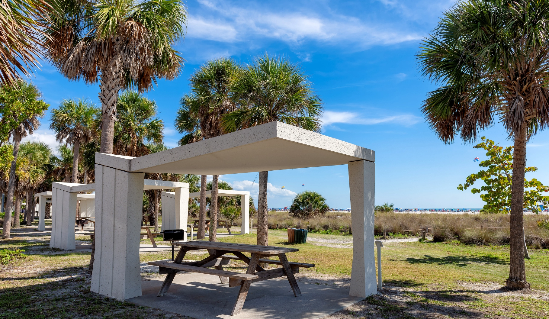 Shaded benches for seating at Siesta Key.