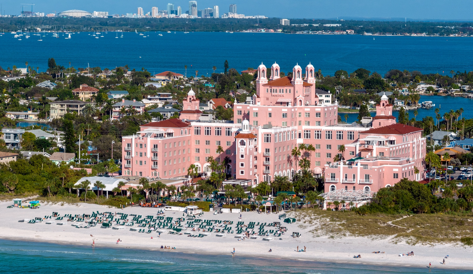 Aerial shot of St. Pete Beach with the Don CeSar hotel in the center.